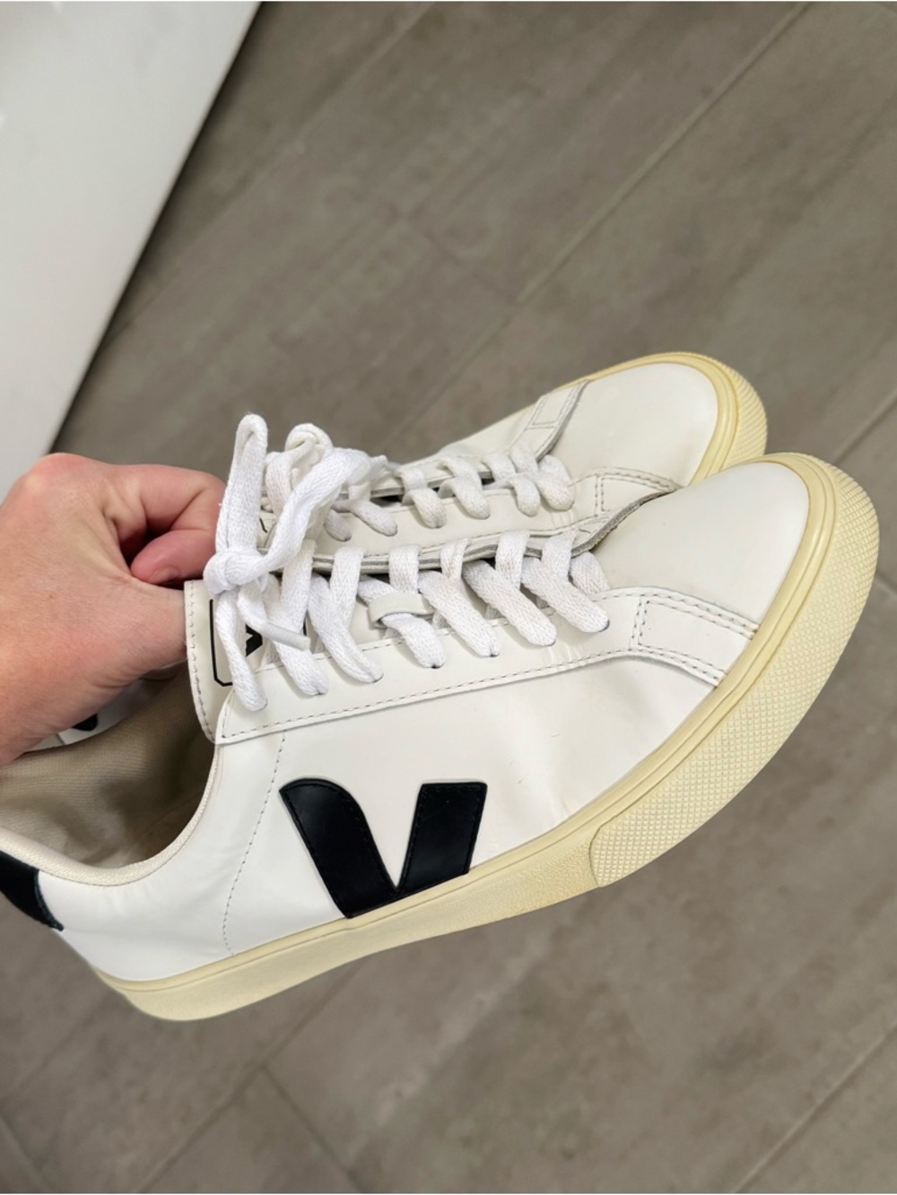 Women’s Veja White Leather Sneakers with Black V Logo Size 6!